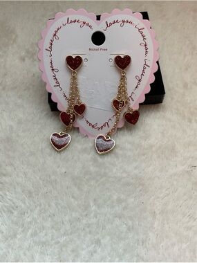 Gold-Tone Red Glitter Heart Dangle Earrings